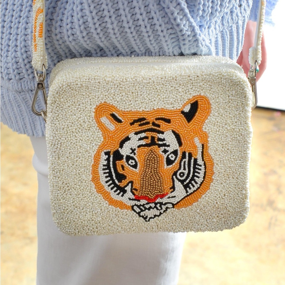 Tiger face beaded bag with tassel